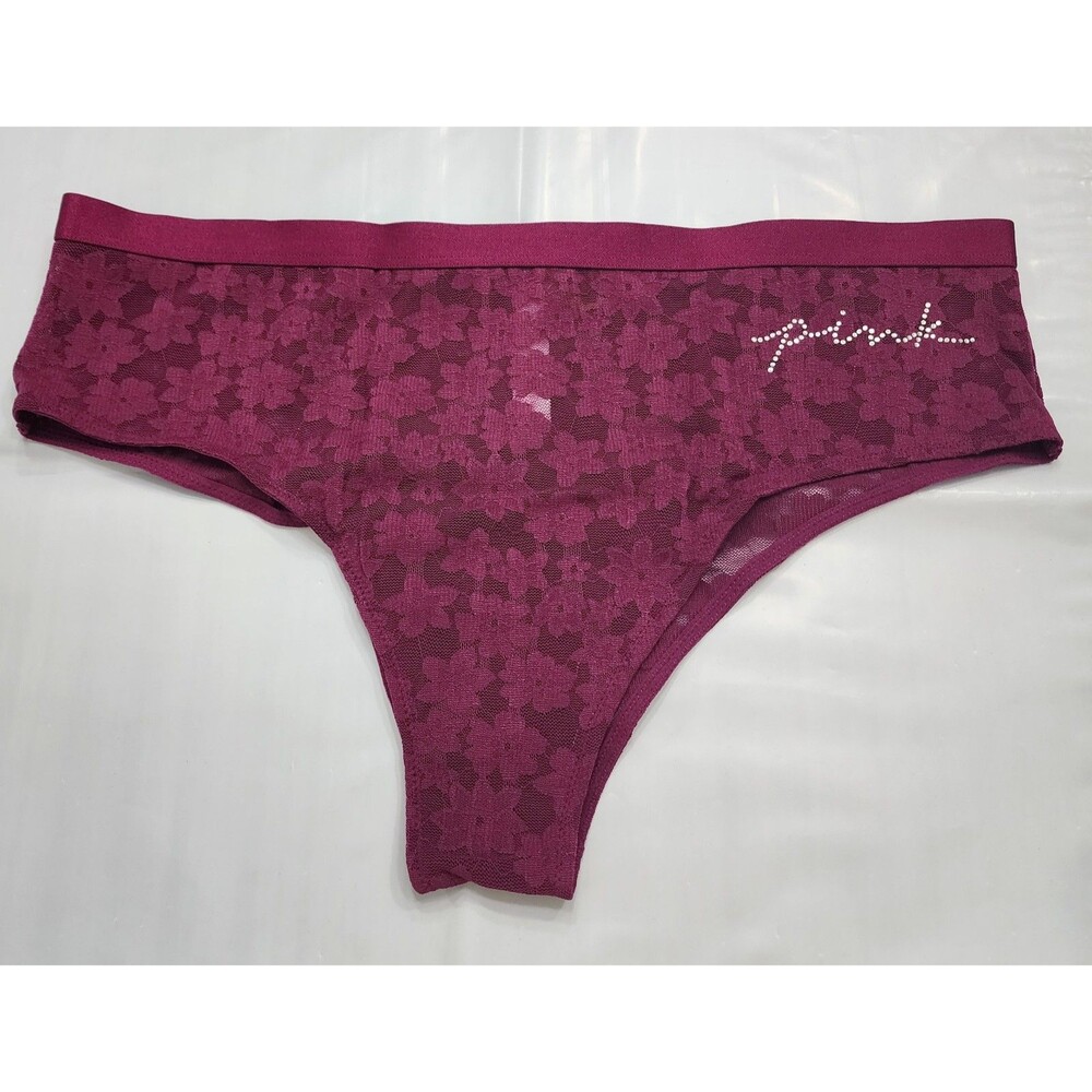 PINK Victoria's Secret Thong Panties XL Burgundy Lace Floral Logo Semi-Sheer